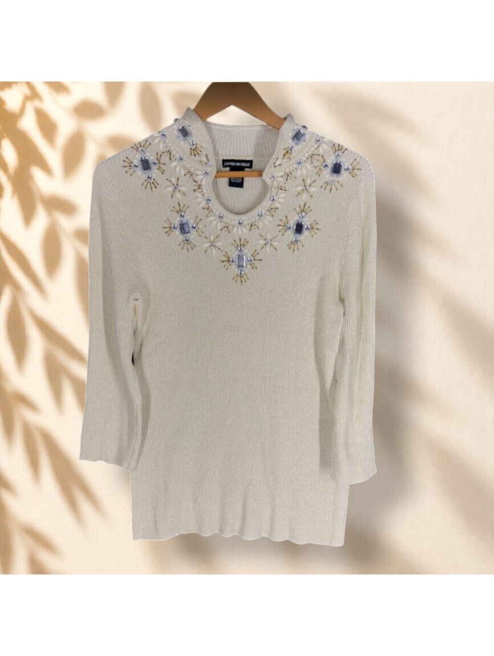 Lauren Michelle Sweater Pullover Women L Large Beige Knit Rhinestone 3/4 Sleeve